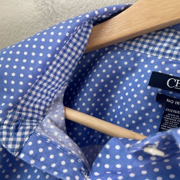 Chaps Womens Plus 2X Blue Polka Dot No Iron Button Up Shirt Blouse - Picture 5 of 9